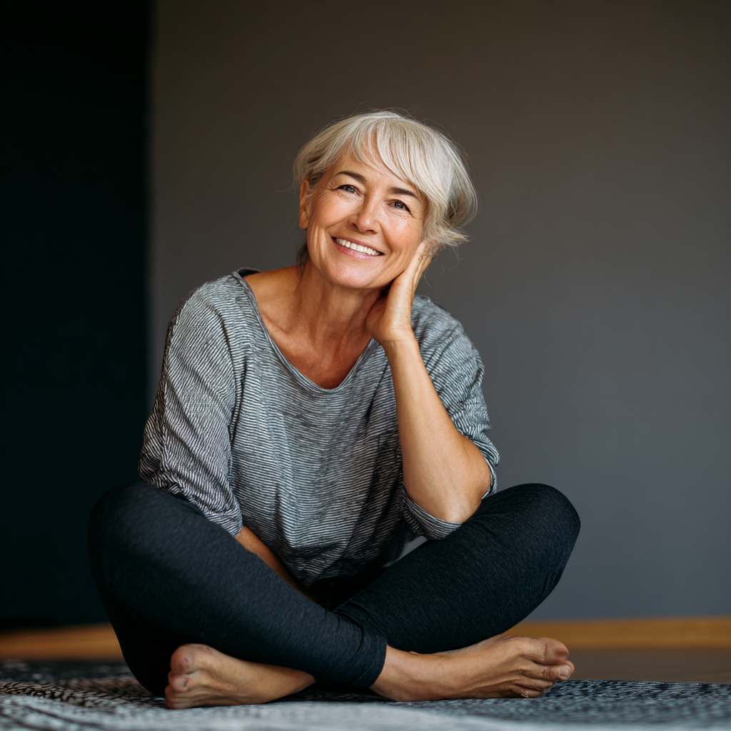 Жена на 55 години в удобна йога поза на мека постелка, усмихната и релаксирана