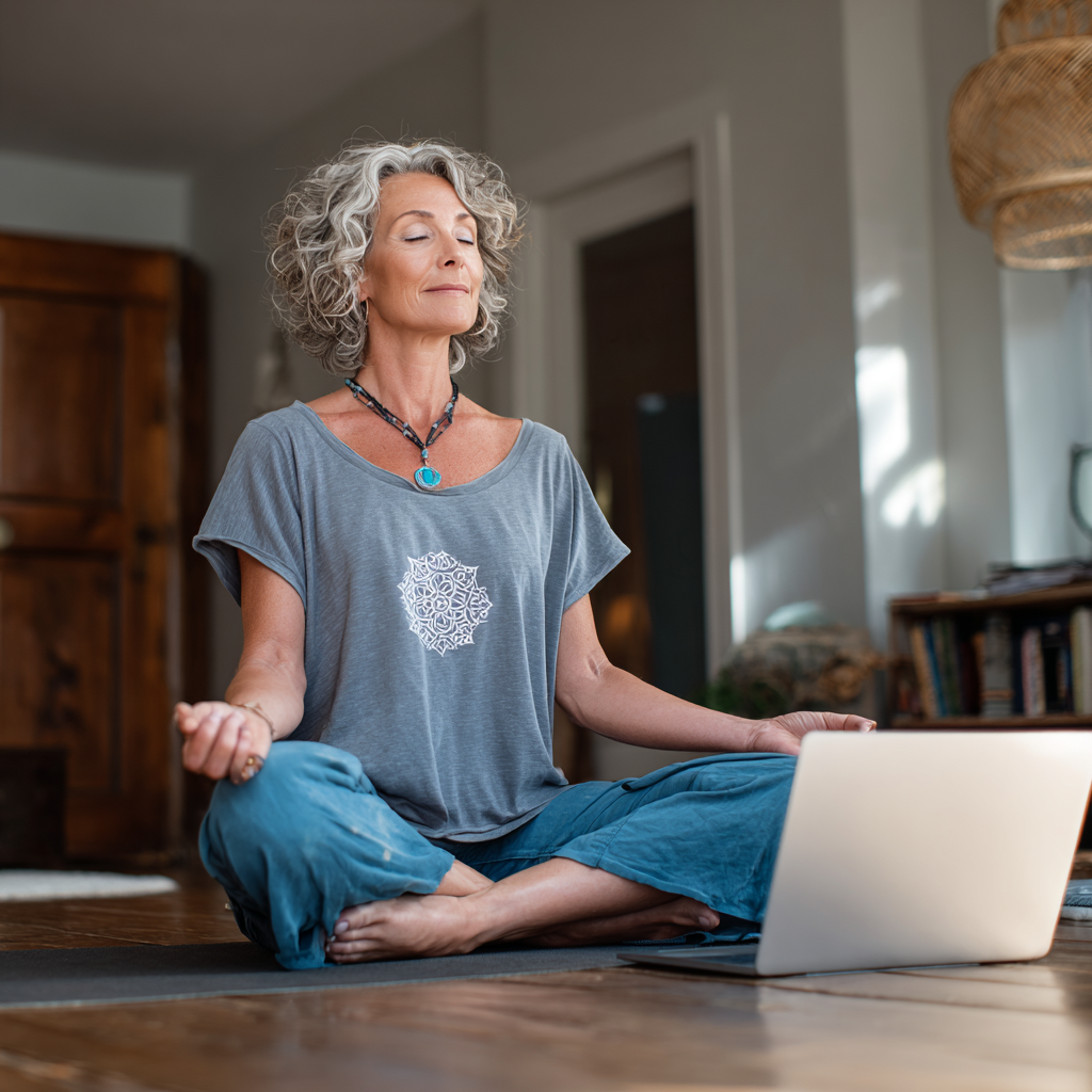 Жена на 52 години практикува йога у дома пред лаптоп, следвайки онлайн урок в спокойна домашна обстановка