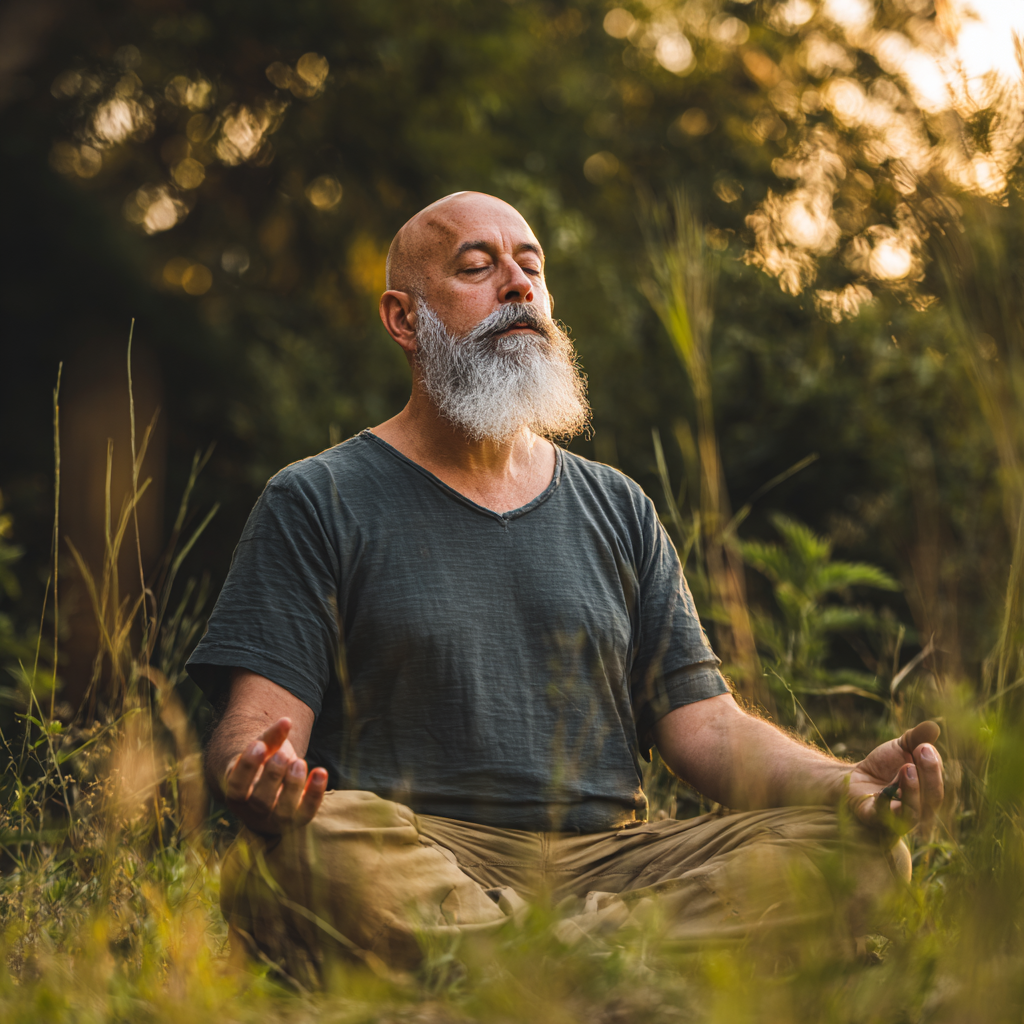 Мъж на 58 години в медитативна поза сред природата, с израз на спокойствие и концентрация