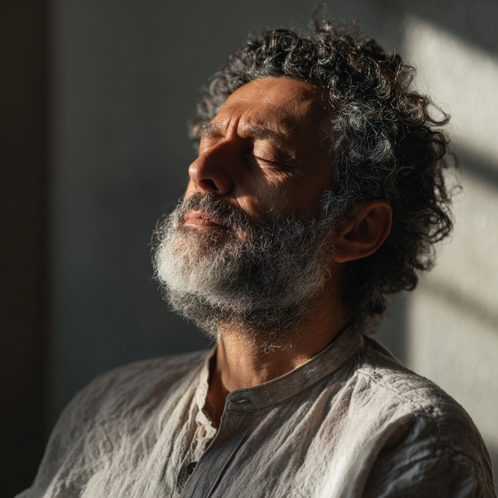 Мъж на 60 години медитира в тиха стая със затворени очи, изразяващ пълно спокойствие и концентрация